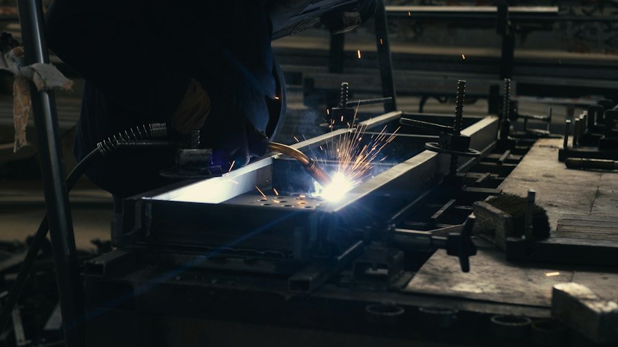 Welding sparks on a fabrication line
